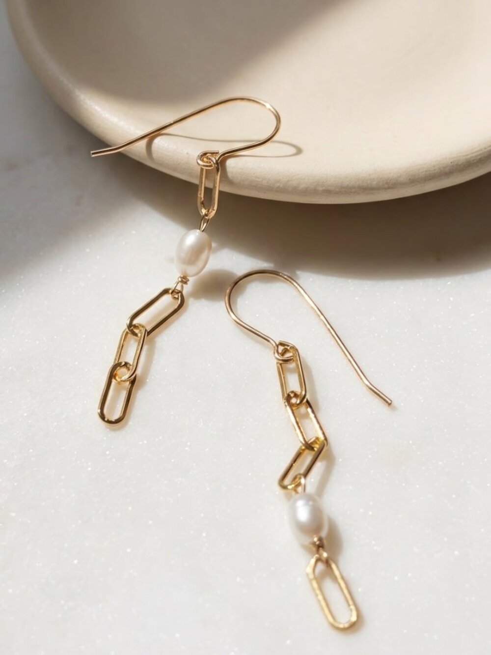 Paperclip Chain Pearl Mismatched Drop Earrings, 14k Gold Filled